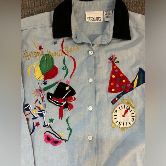 90s vintage Casey and max happy new year long sleeved soft denim shirt. - Picture 3 of 6